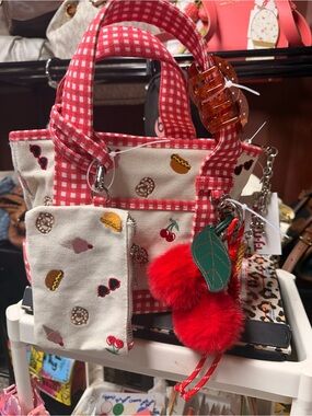 Madden Girl Red Gingham Canvas Crossbody Bag with Cherry Pom Pom Charm